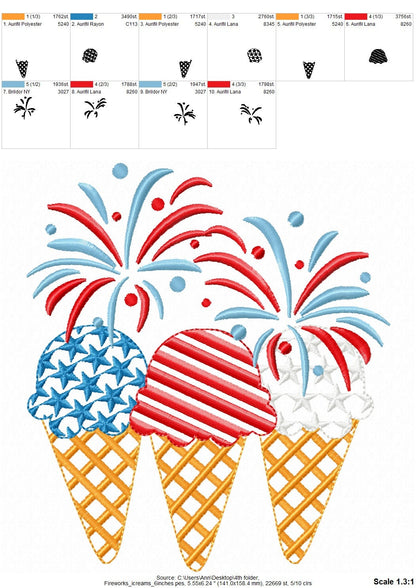 Patriotic Fireworks and 3 ice cream waffle cones in a row machine embroidery designs Independence Day