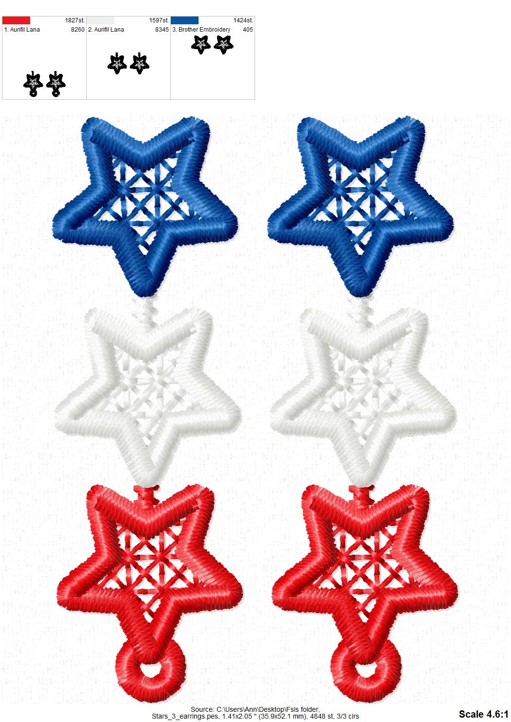 Patriotic Stars dangle earrings ITH in the hoop FSL freestanding lace machine embroidery designs Independence Day girl earrings