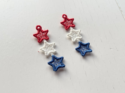 Patriotic Stars dangle earrings ITH in the hoop FSL freestanding lace machine embroidery designs Independence Day girl earrings