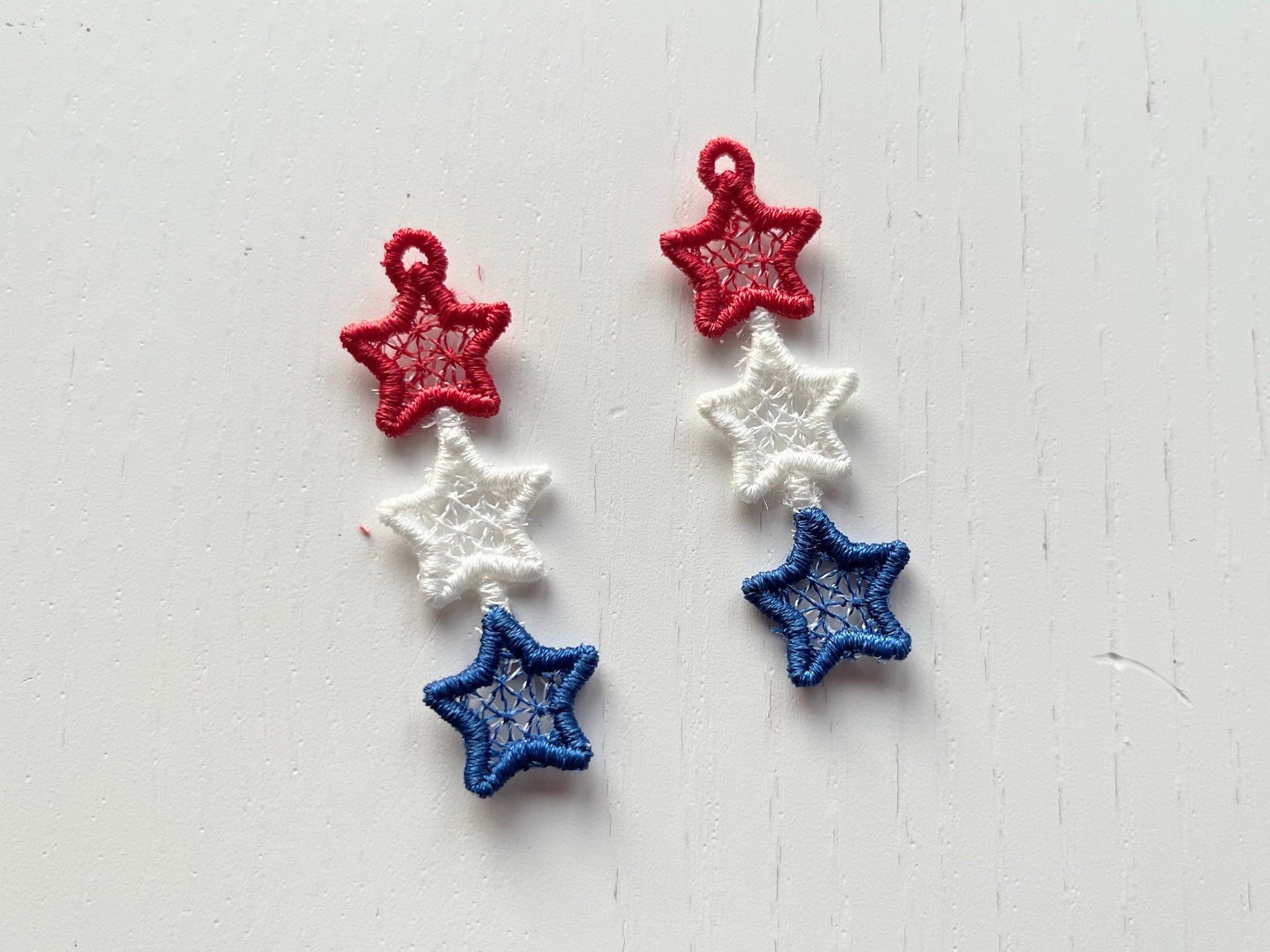 Patriotic Stars dangle earrings ITH in the hoop FSL freestanding lace machine embroidery designs Independence Day girl earrings