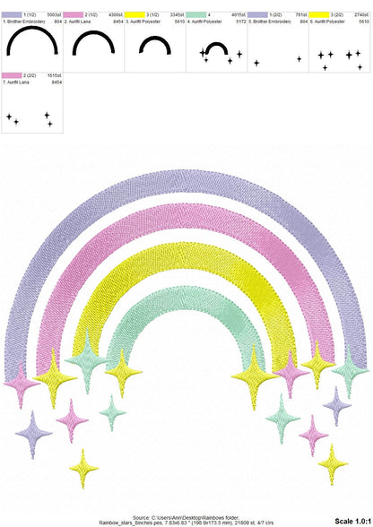 Fill stitch Rainbow falling stars starry rainbow with falling star cute kids girly delicate machine embroidery designs from 4 up tp 9 inches