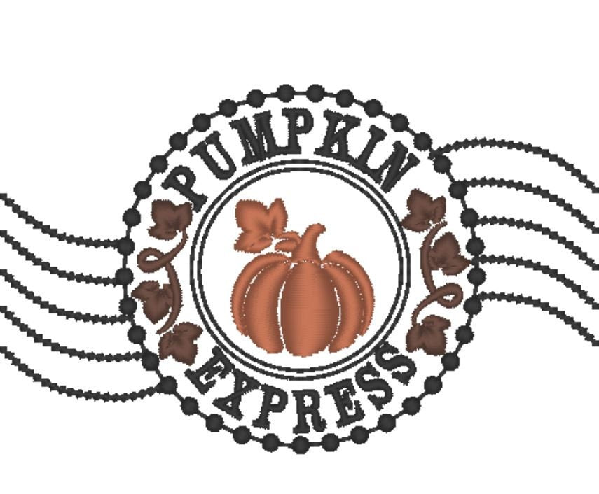Pumpkin mail express Autumn Fall holidays sack stamp machine embroidery design for hoop 4x4 and 5x7 in sizes 3, 4, 4.5 inches Thanksgiving