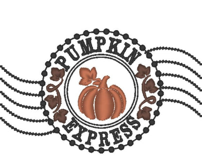 Pumpkin mail express Autumn Fall holidays sack stamp machine embroidery design for hoop 4x4 and 5x7 in sizes 3, 4, 4.5 inches Thanksgiving