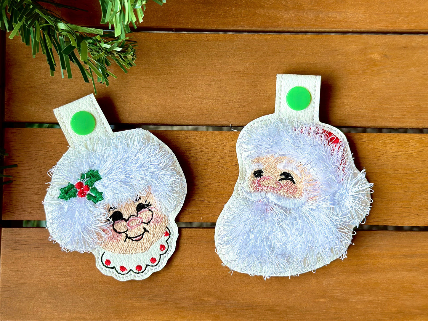 Mr and Mrs Claus ITH key fob snap tab machine embroidery designs Christmas gift idea keychain in the hoop simply embroidery project Santa