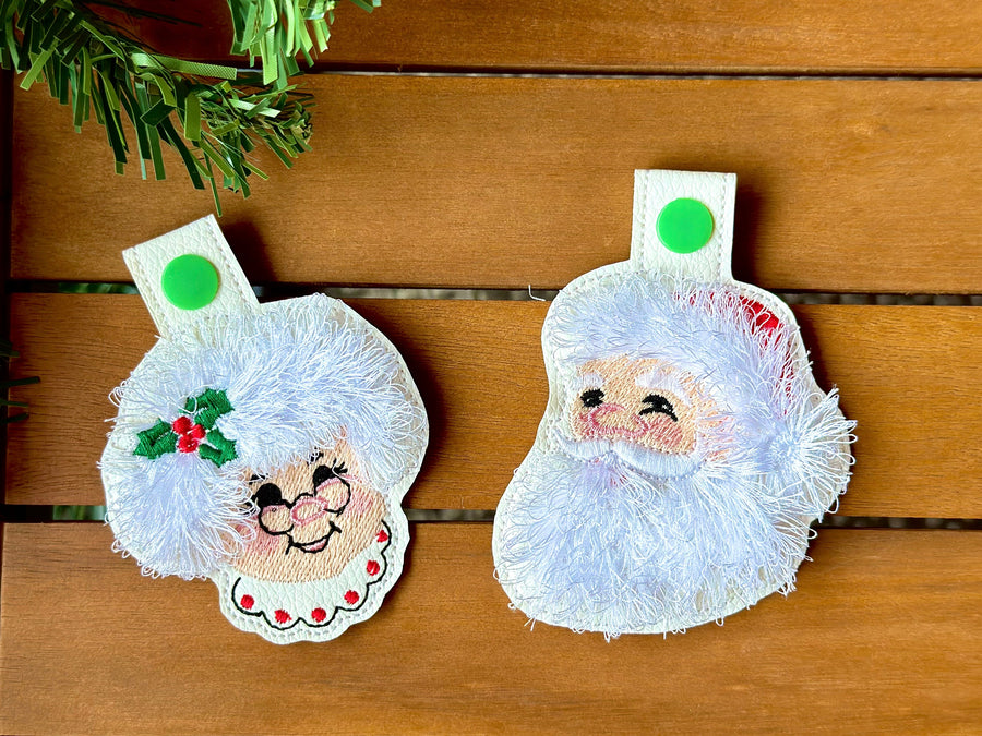 Mr and Mrs Claus ITH key fob snap tab machine embroidery designs Christmas gift idea keychain in the hoop simply embroidery project Santa
