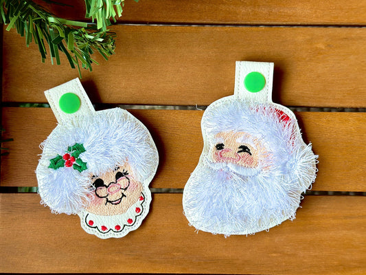 Mr and Mrs Claus ITH key fob snap tab machine embroidery designs Christmas gift idea keychain in the hoop simply embroidery project Santa