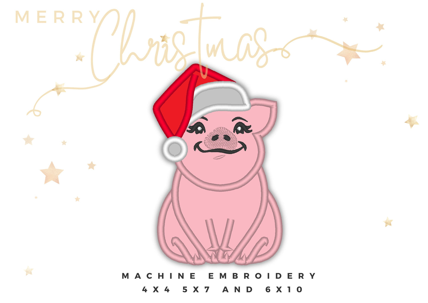 Pig face, Pig head Christmas Santa hat, little cute pig applique farm theme machine embroidery applique designs assorted sizes