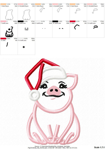 Pig face, Pig head Christmas Santa hat, little cute pig applique farm theme machine embroidery applique designs assorted sizes