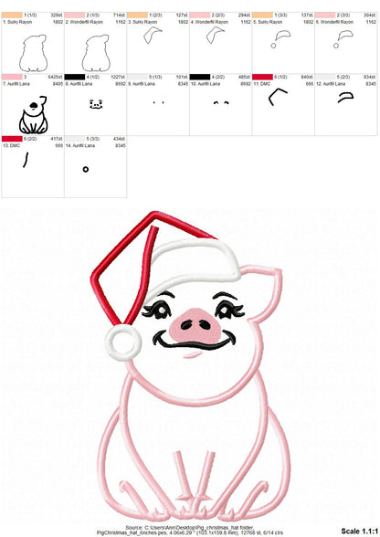 Pig face, Pig head Christmas Santa hat, little cute pig applique farm theme machine embroidery applique designs assorted sizes