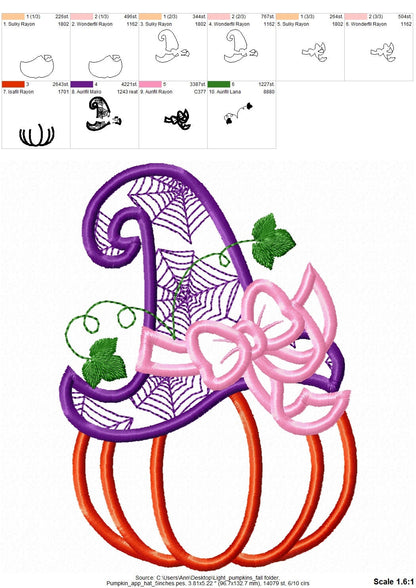 Pumpkin with Witch Hat – Sizes 4" 5" 6" 7" 8" 10" Digital Embroidery File | Artapli