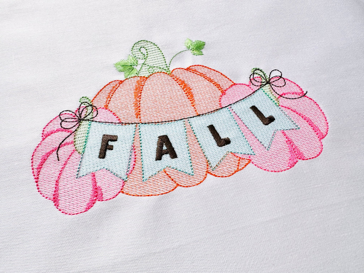 TriPumpkin Three Pumpkins Fall banner light stitch machine embroidery design Thanksgiving pumpkin trio in the row Sweet Home kitchen towel