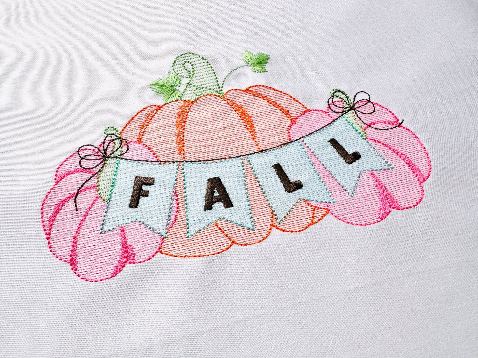 TriPumpkin Three Pumpkins Fall banner light stitch machine embroidery design Thanksgiving pumpkin trio in the row Sweet Home kitchen towel