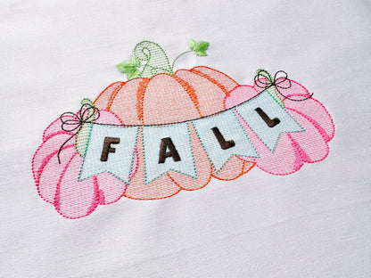 TriPumpkin Three Pumpkins Fall banner light stitch machine embroidery design Thanksgiving pumpkin trio in the row Sweet Home kitchen towel
