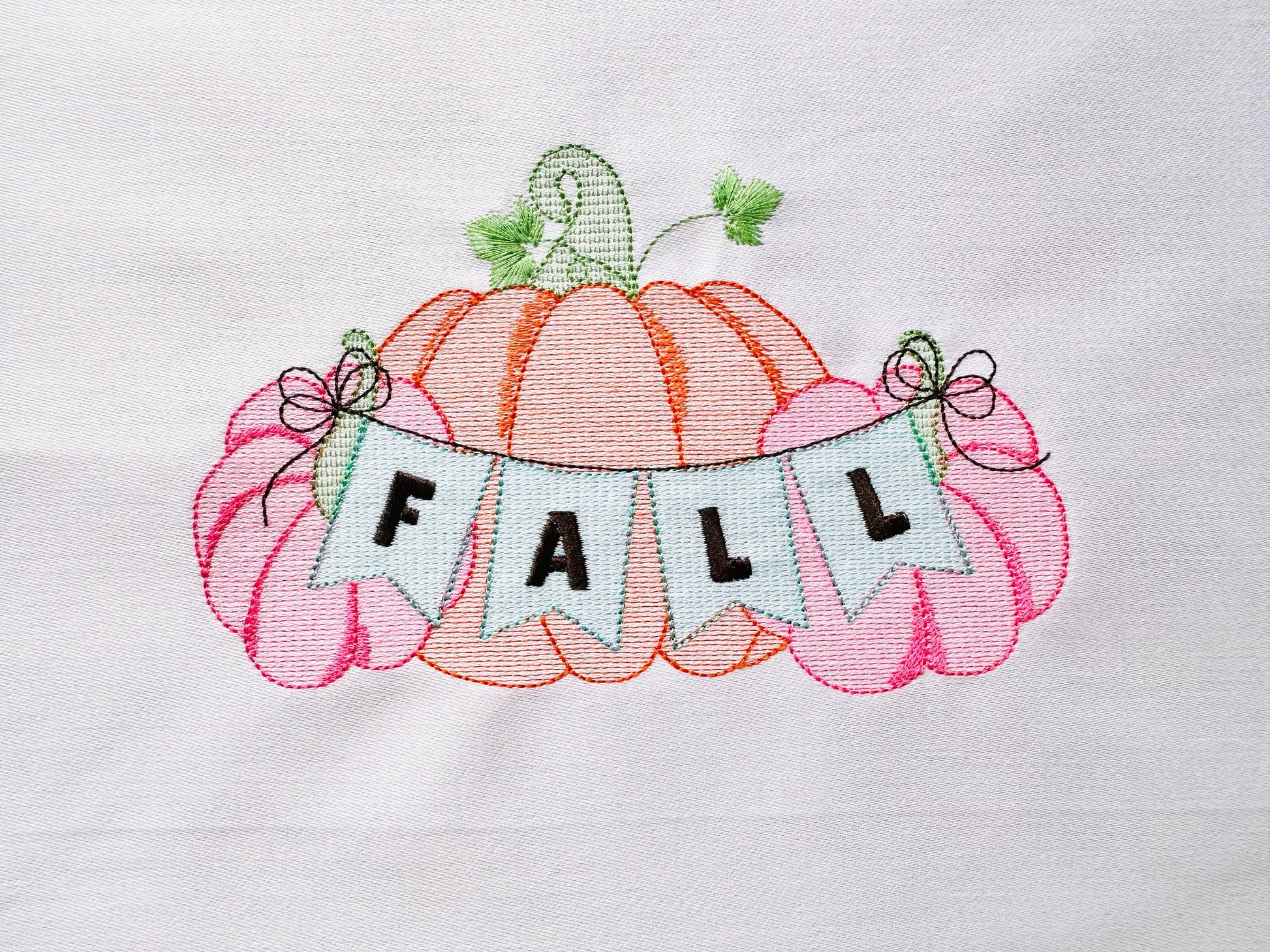 TriPumpkin Three Pumpkins Fall banner light stitch machine embroidery design Thanksgiving pumpkin trio in the row Sweet Home kitchen towel