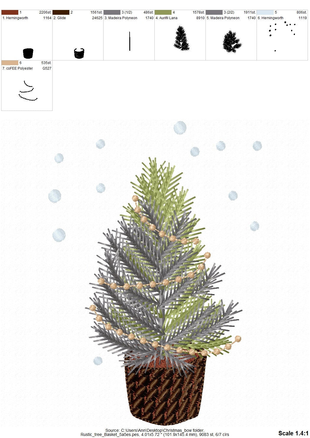 Rustic old fashioned Christmas tree in basket with Christmas lights and snow light stitch machine embroidery designs sizes 4, 5, 6, 7 inches