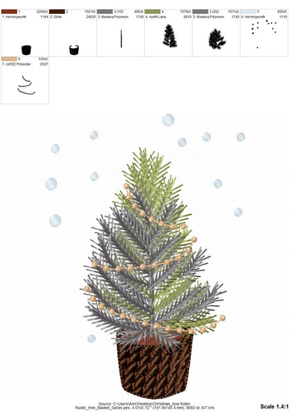 Rustic old fashioned Christmas tree in basket with Christmas lights and snow light stitch machine embroidery designs sizes 4, 5, 6, 7 inches