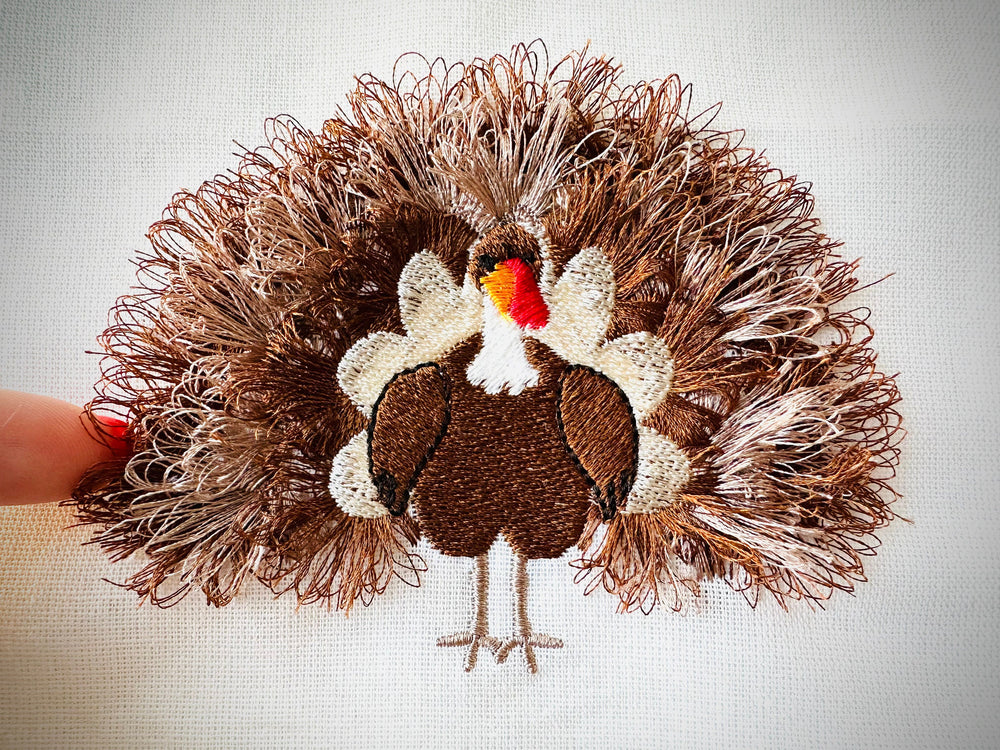 Big Thanksgiving Fringed Turkey Embroidery 3.5" 4" 4.5" 5" | Chenille PES DST JEF | Artapli
