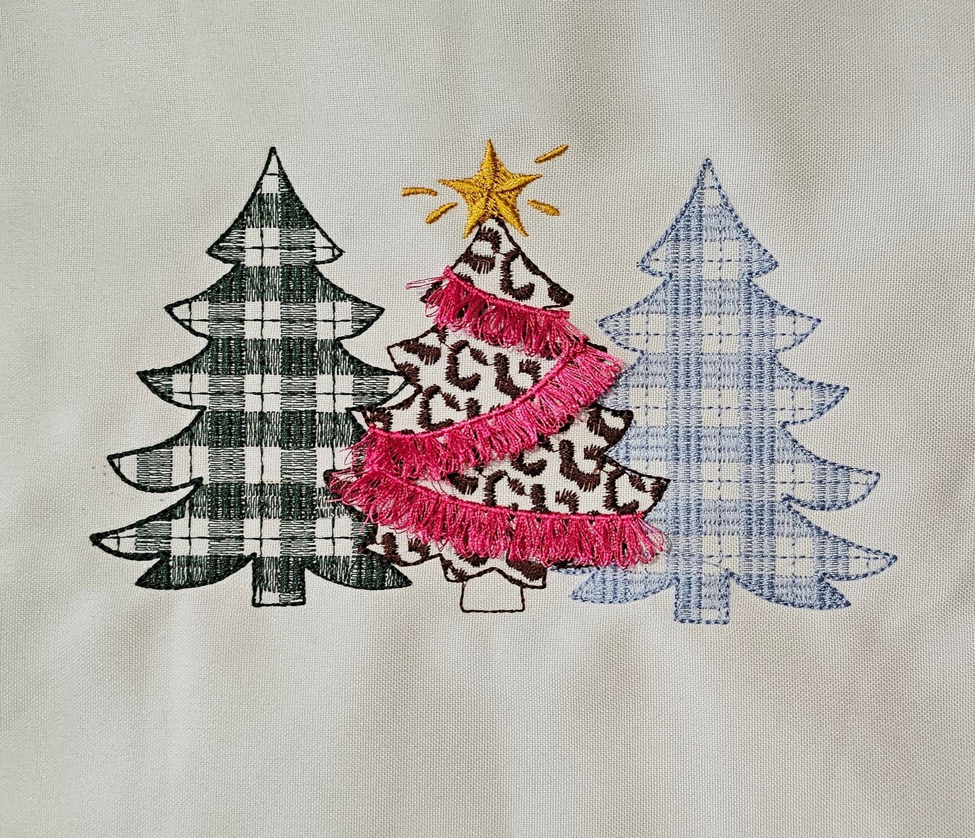 Baby gingham Christmas trees in a row machine embroidery designs checkered triple trees Woodlands Tree Trio many sizes from 4 up to 12 inch
