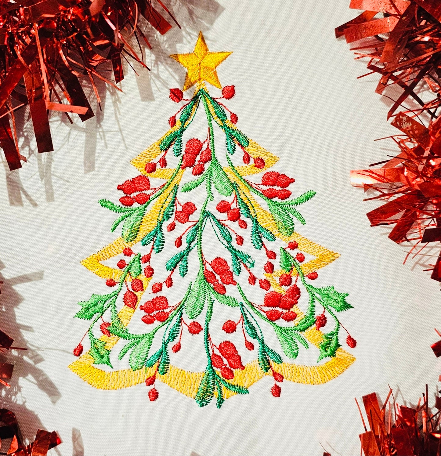 Floral Vintage old fashioned Christmas tree in light stitch with Merry Christmas berries machine embroidery designs towel tees tshirt design