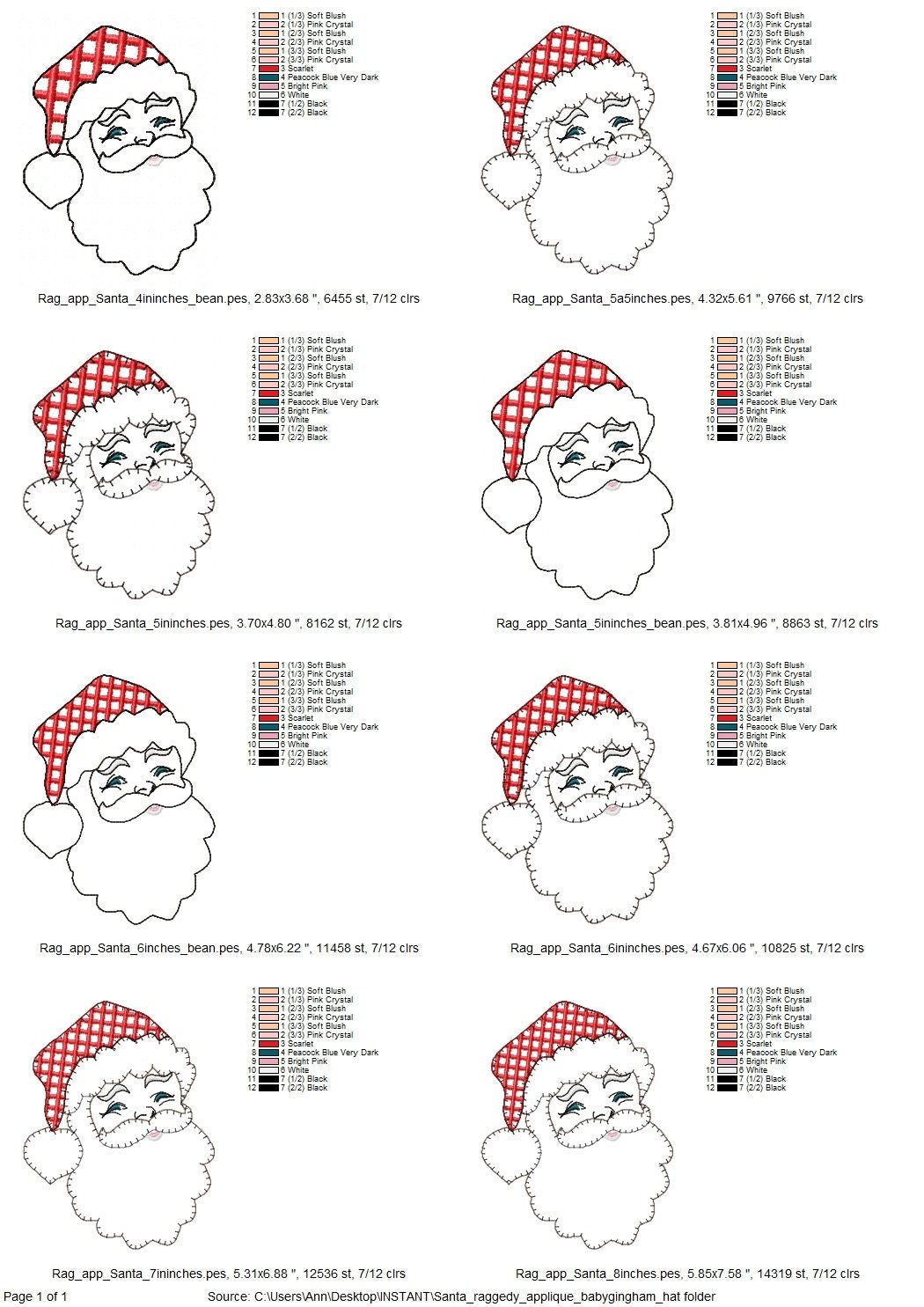 Quick light stitch Santa Claus raggedy edge Applique machine embroidery designs Christmas Santa head plaid gingham hat for hoop 4x4 5x7 6x10