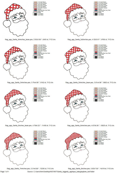 Quick light stitch Santa Claus raggedy edge Applique machine embroidery designs Christmas Santa head plaid gingham hat for hoop 4x4 5x7 6x10
