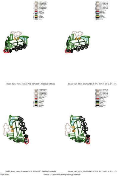 Real steam train locomotive vehicle applique machine embroidery designs