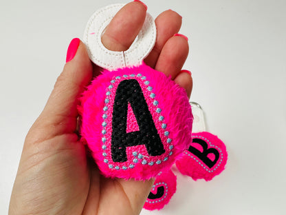 Minky fur fluffy Ball key fob snap tab keychain charm Monogram A-Z in the hoop ITH keyfob bag tag  machine embroidery designs for hoop 4x4