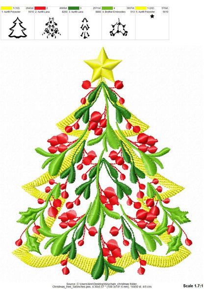 Floral Vintage old fashioned Christmas tree in light stitch with Merry Christmas berries machine embroidery designs towel tees tshirt design