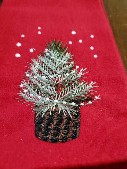 Rustic old fashioned Christmas tree in basket with Christmas lights and snow light stitch machine embroidery designs sizes 4, 5, 6, 7 inches