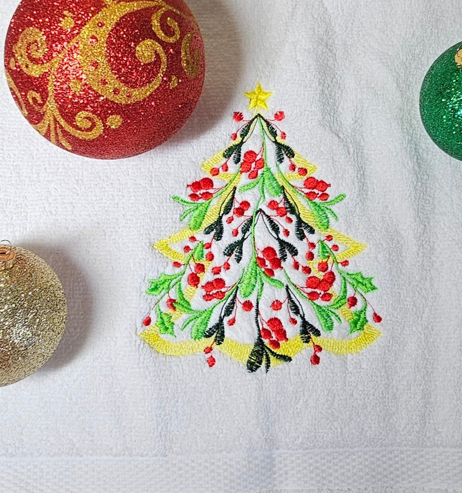 Floral Vintage old fashioned Christmas tree in light stitch with Merry Christmas berries machine embroidery designs towel tees tshirt design