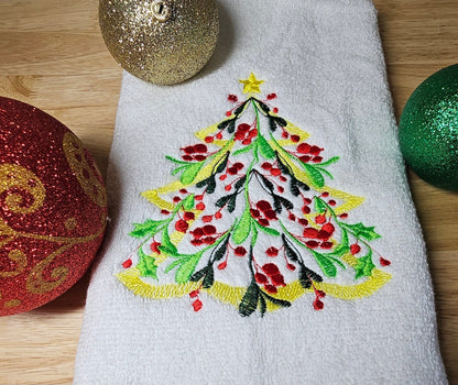 Floral Vintage old fashioned Christmas tree in light stitch with Merry Christmas berries machine embroidery designs towel tees tshirt design