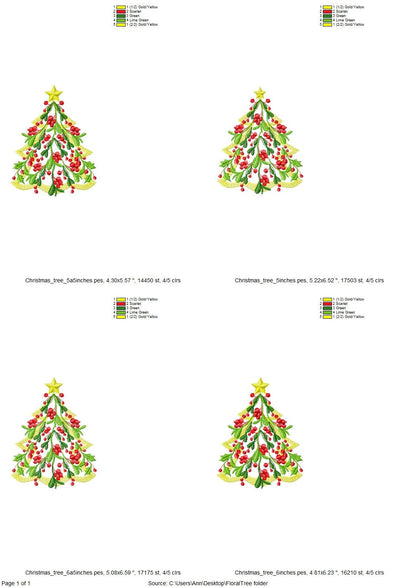 Floral Vintage old fashioned Christmas tree in light stitch with Merry Christmas berries machine embroidery designs towel tees tshirt design