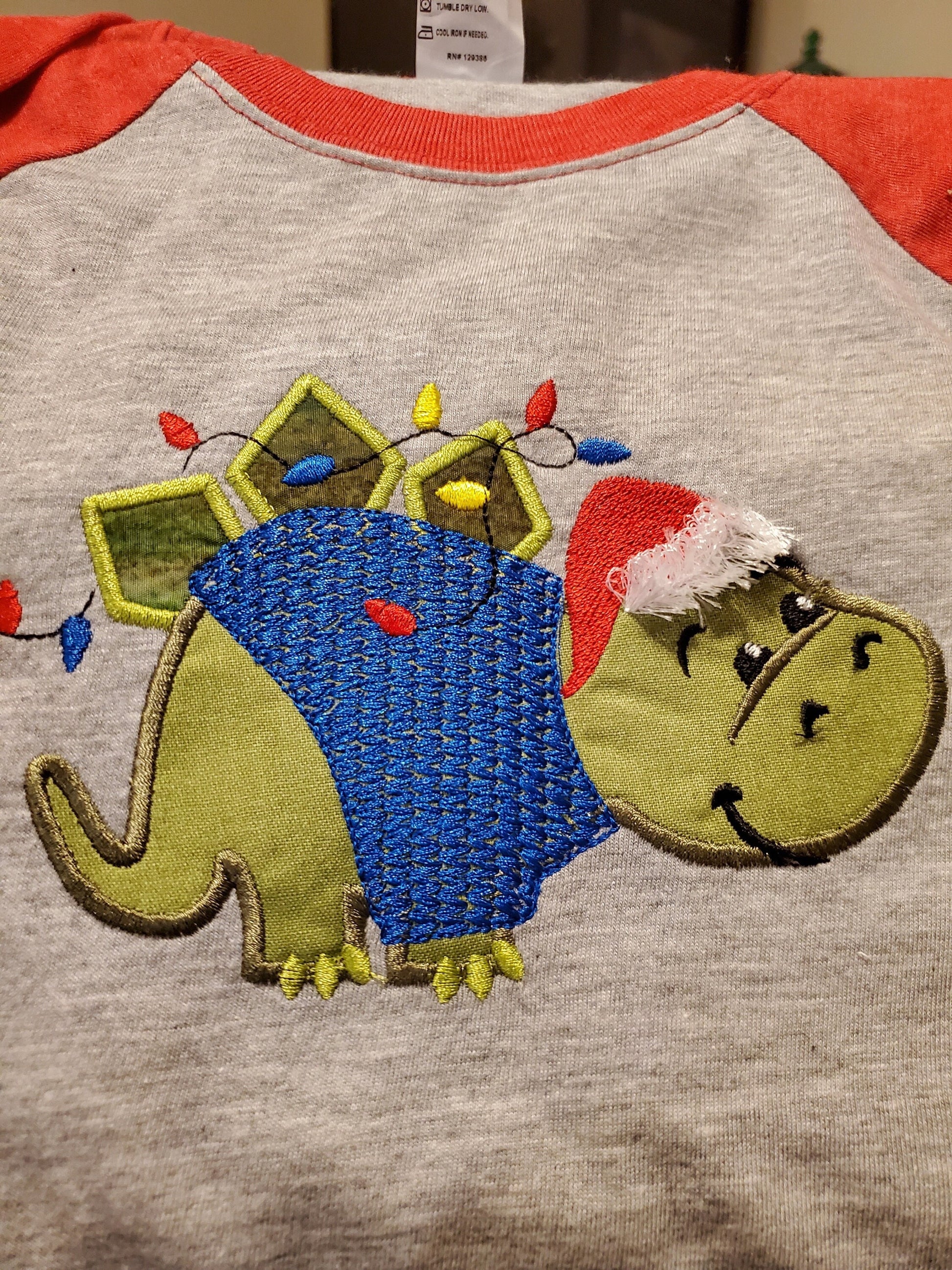 Little Christmas Dinosaur Applique machine embroidery design cute Dino knit sweater sweatshirt and Santa hat fringed fluffy 4, 5, 6 inches