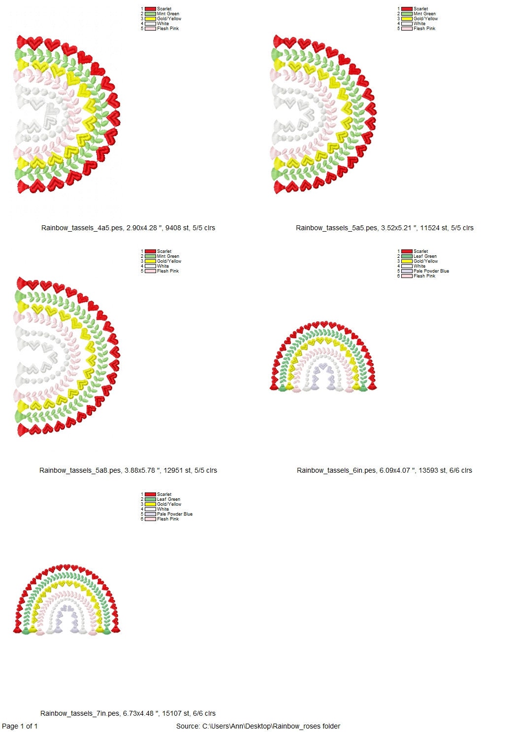 Heart Rainbow fringed tassels machine embroidery designs in assorted sizes girly pretty Heart Rainbow bottom tassels