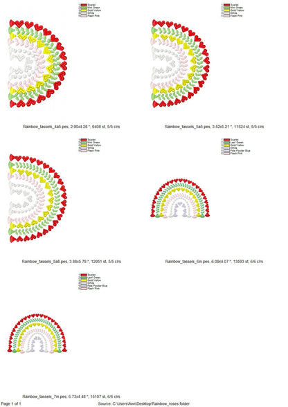 Heart Rainbow fringed tassels machine embroidery designs in assorted sizes girly pretty Heart Rainbow bottom tassels