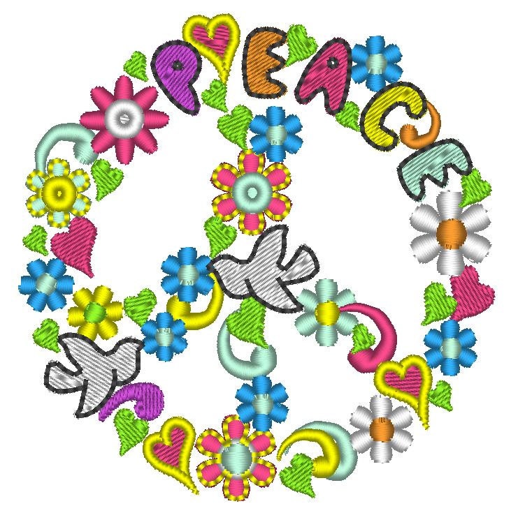 Floral Peace sign flowered Peace flower and dove fill stitch machine embroidery designs