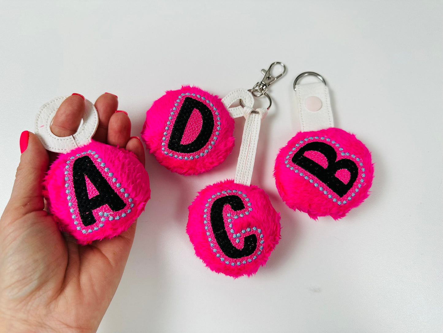 Minky fur fluffy Ball key fob snap tab keychain charm Monogram A-Z in the hoop ITH keyfob bag tag  machine embroidery designs for hoop 4x4