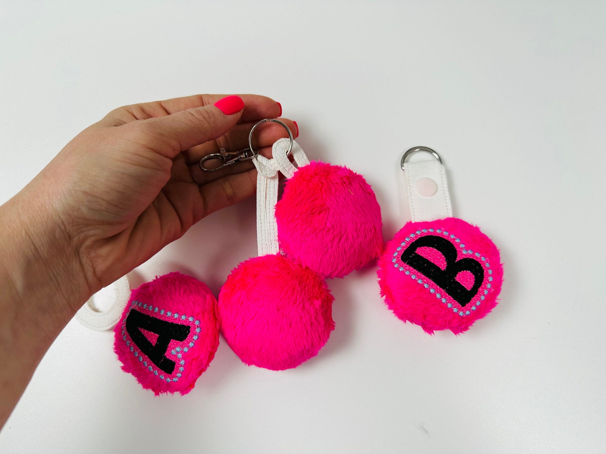 Minky fur fluffy Ball key fob snap tab keychain charm Monogram A-Z in the hoop ITH keyfob bag tag  machine embroidery designs for hoop 4x4