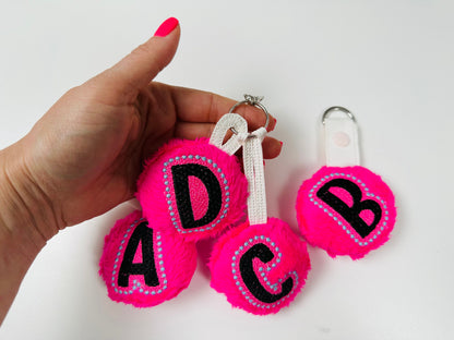 Minky fur fluffy Ball key fob snap tab keychain charm Monogram A-Z in the hoop ITH keyfob bag tag  machine embroidery designs for hoop 4x4