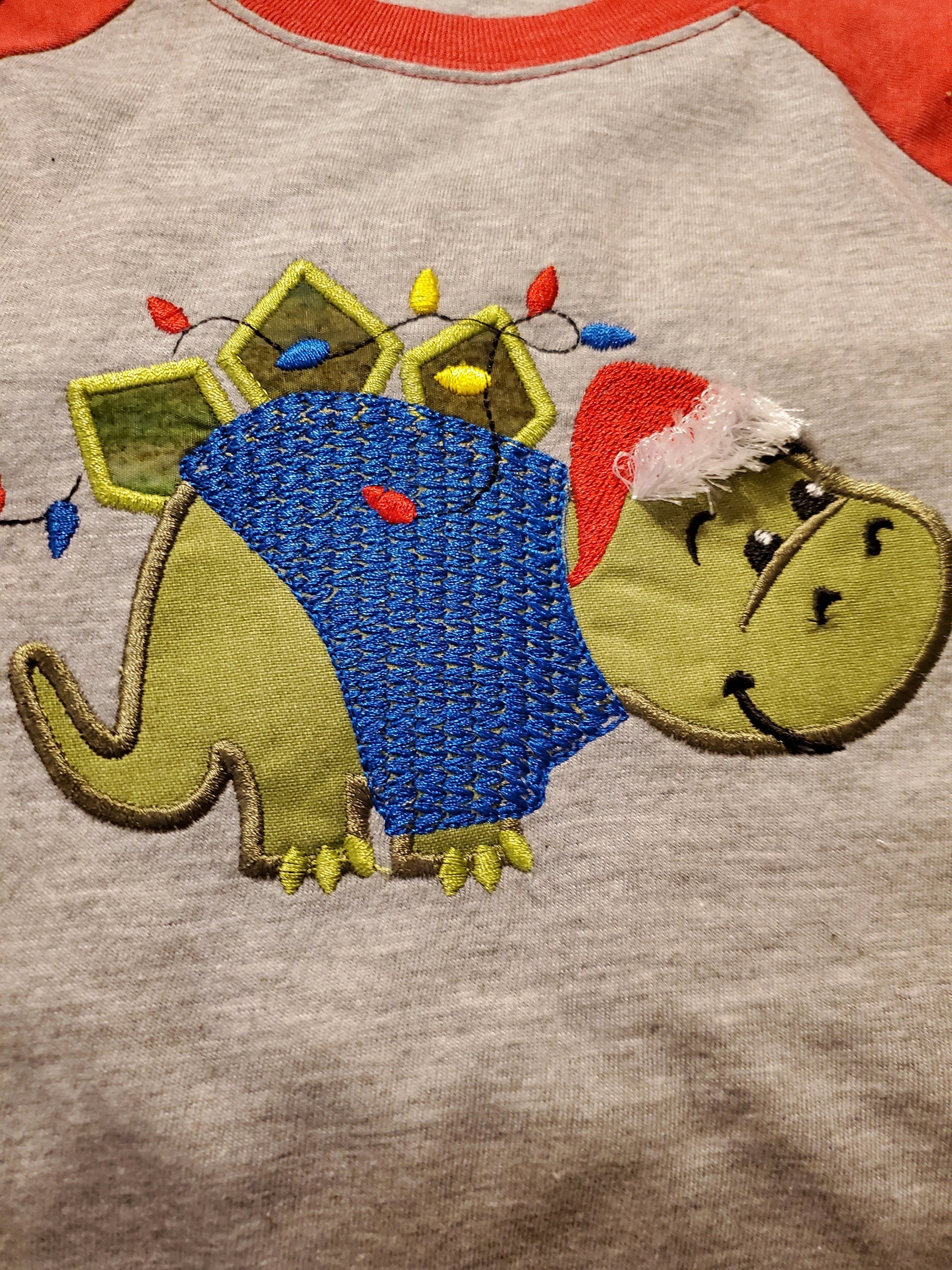 Little Christmas Dinosaur Applique machine embroidery design cute Dino knit sweater sweatshirt and Santa hat fringed fluffy 4, 5, 6 inches