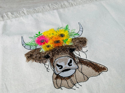 Big 2023 Fringed Highland Cattle Cow Scottish Breed Rustic Cattle Machine Embroidery Designs Fluffy Fringe Farm