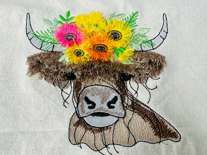 Big 2023 Fringed Highland Cattle Cow Scottish Breed Rustic Cattle Machine Embroidery Designs Fluffy Fringe Farm