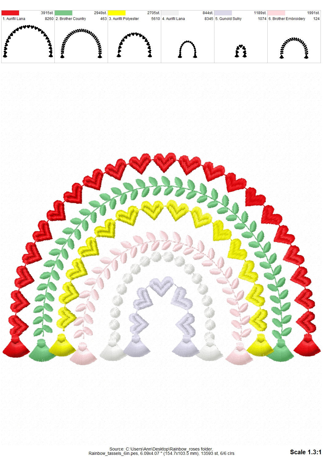 Heart Rainbow fringed tassels machine embroidery designs in assorted sizes girly pretty Heart Rainbow bottom tassels