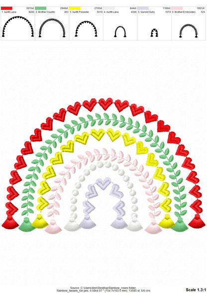 Heart Rainbow fringed tassels machine embroidery designs in assorted sizes girly pretty Heart Rainbow bottom tassels