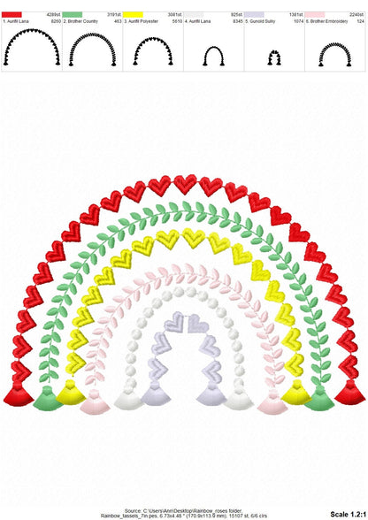 Heart Rainbow fringed tassels machine embroidery designs in assorted sizes girly pretty Heart Rainbow bottom tassels