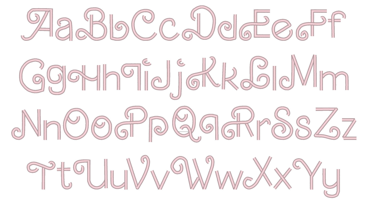 Retro Valentine Satin stitch Line FONT machine embroidery designs mini 0.6 up 3 in handwritten swirl curl alphabet