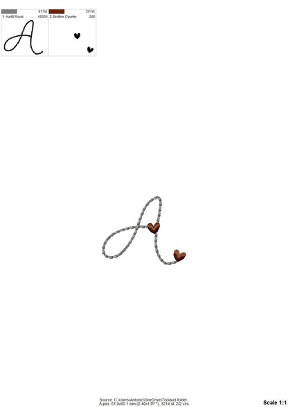 Heart Font puff bean stitch line Font machine embroidery designs assorted mini sizes handwritten script Valentine Font alphabet