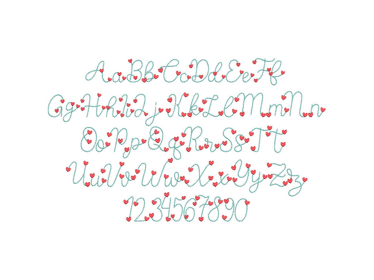 Heart Font puff bean stitch line Font machine embroidery designs assorted mini sizes handwritten script Valentine Font alphabet
