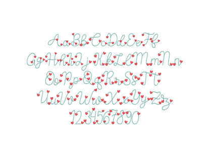 Heart Font puff bean stitch line Font machine embroidery designs assorted mini sizes handwritten script Valentine Font alphabet