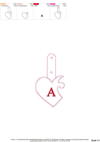 Couple Puzzle Heart Puffy puff 3d foam Split Heart Key fob snap tab monogram in the hoop ITH bag tag keychain machine embroidery designs